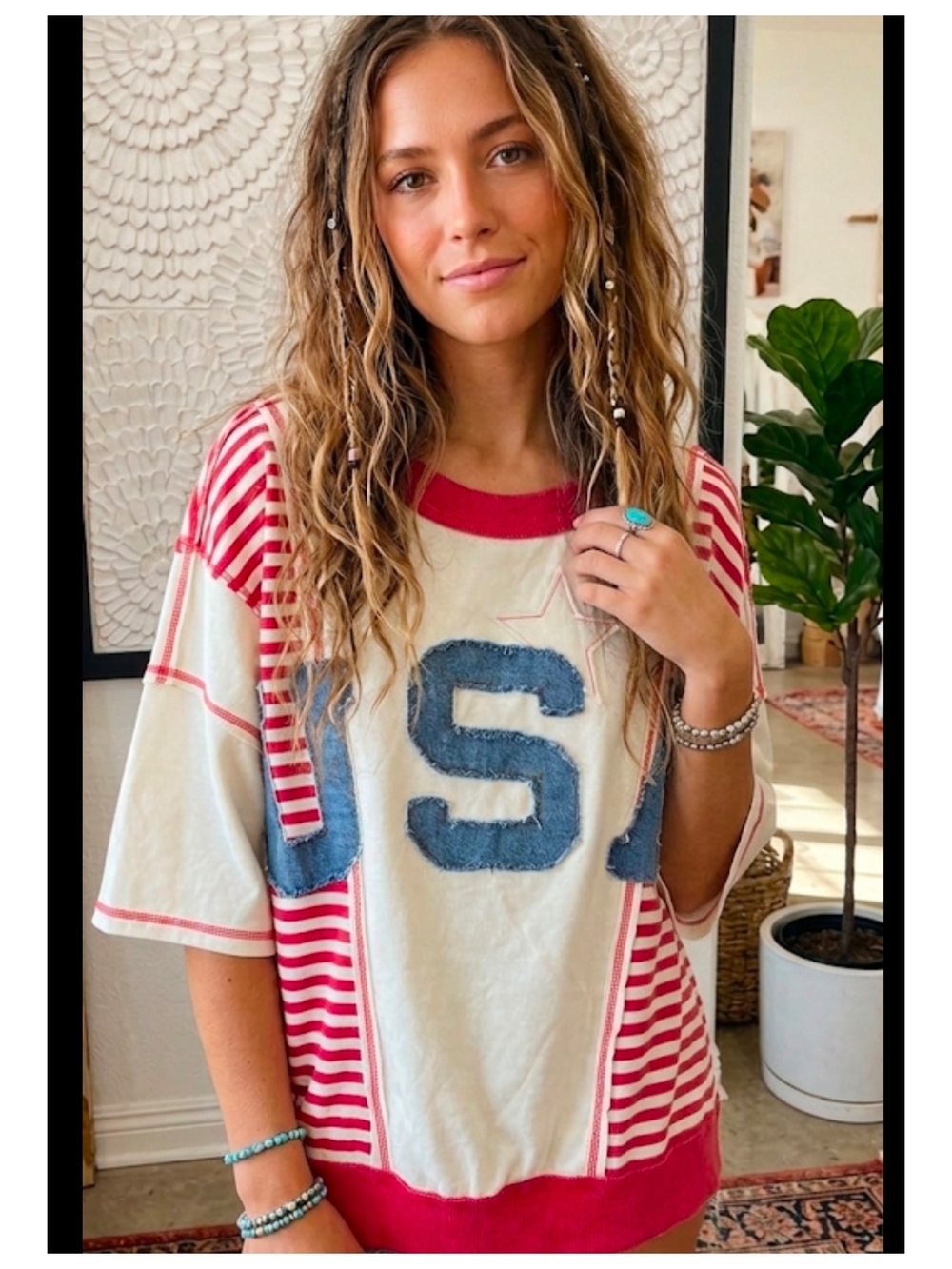 easel Red and Cream Striped Tee with Blue Patch Letters